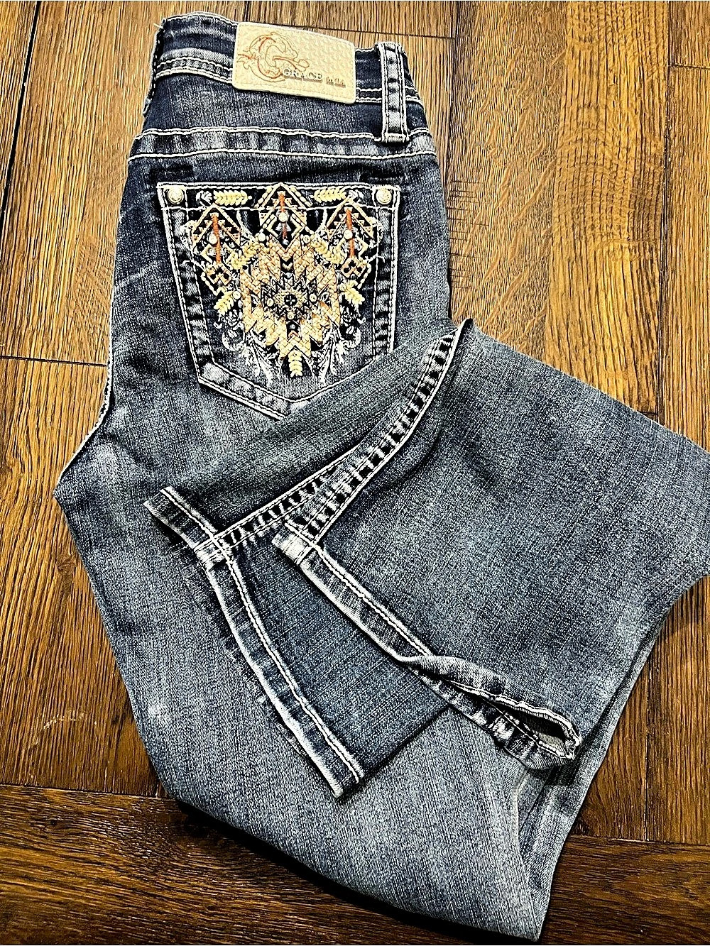 Women’s Grace in LA Easy Fit Aztec Embroidered Bootcut Jeans Blue Waist 26